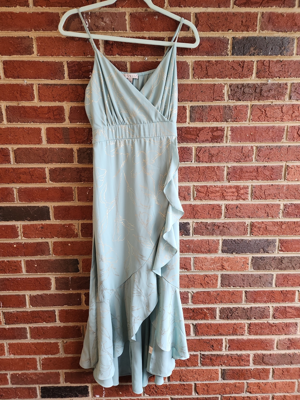 Inspired Hearts Light Blue Asymmetrical Ruffle Maxi Dress with Gold Accents